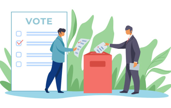 Voters inserting forms into ballot boxes